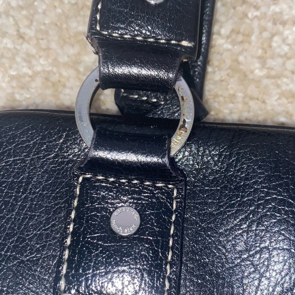 VTG Kate Spade Black Leather Wide Shoulder Silver Hardware Striped Interior Bag - Picture 8 of 13